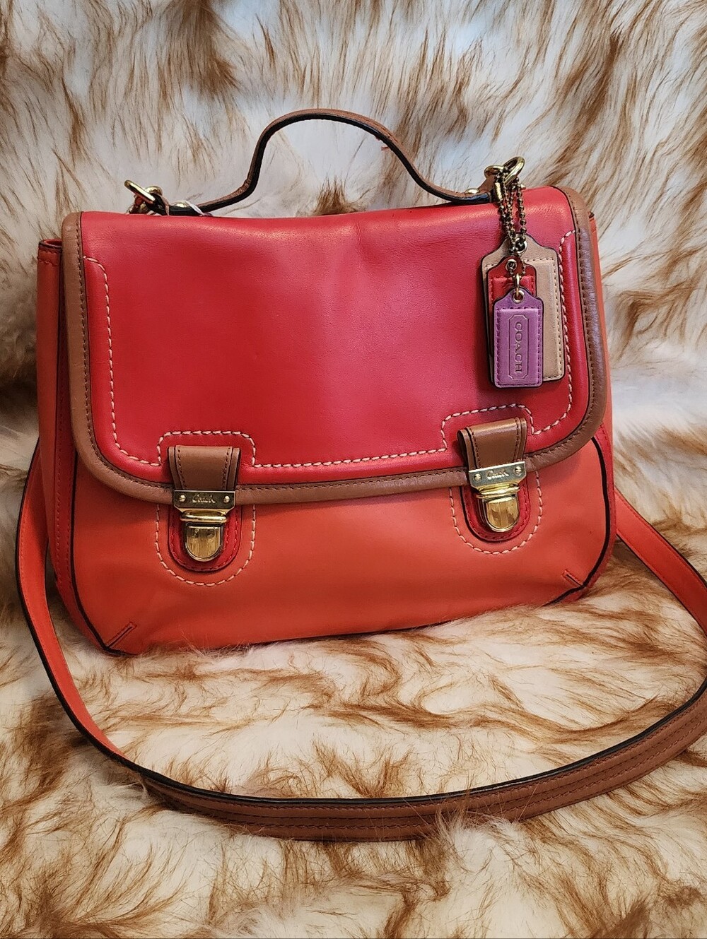 Coach Two-Tone Coral and Tan Leather Satchel